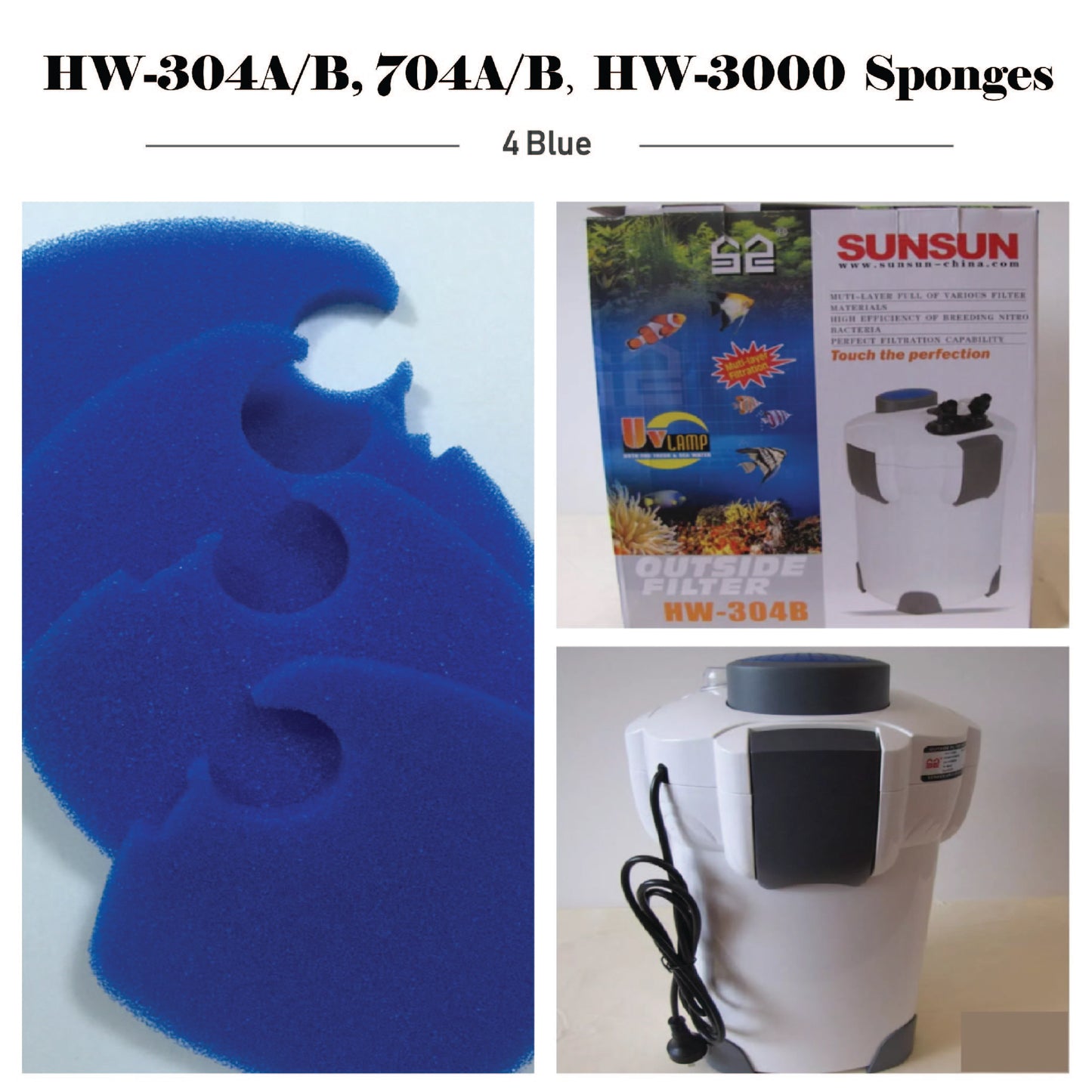 SUNSUN 4PCS genuine replacement sponges all brand model HW-304A/B,704A/B,3000